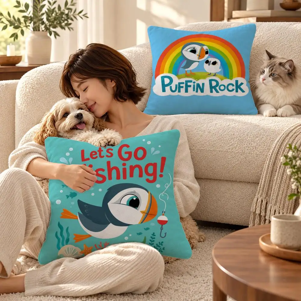 Cartoon Kwaii Puffin Rock Preschool Cushion Cover Soft Short Plush Throw Pillowcase Sofa Bedroom Home Decor Holiday Gift