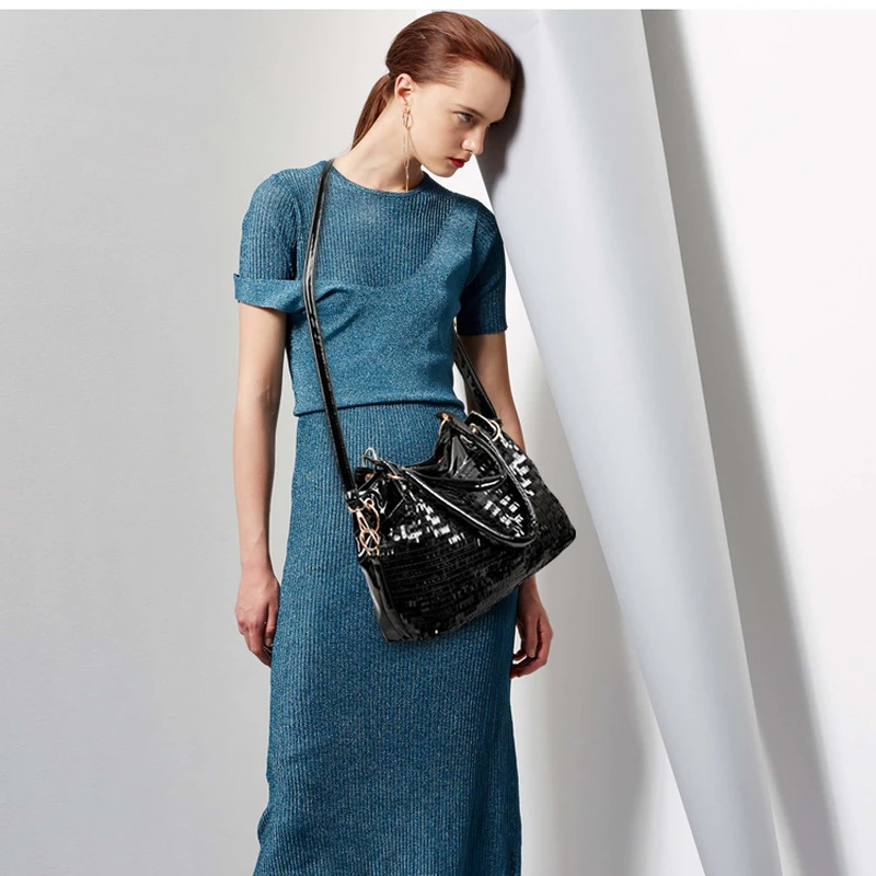 2024 New Women's Bag PU Leather Ladies Shoulder Sequined Patent Leather Bag Casual Wild Hand Ladle Shoulder Bag Women