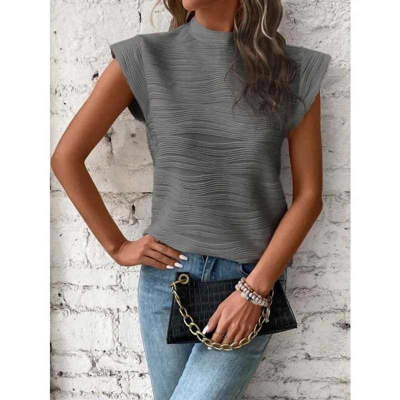 

2024 Spring/Summer New Women's Fashion Half High Neck Texture Wave Button Short Sleeve Top Women Casual Clothes Elegant T-shirt