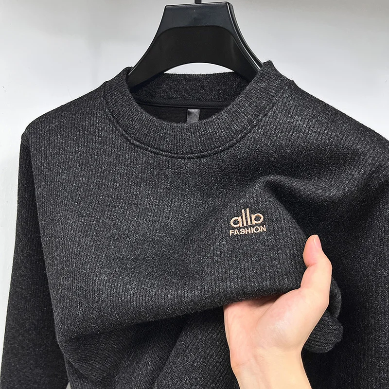 Designer Original Men's Fleece-Lined Thickened Ribbed Crew Neck Sweatshirt Warm Anti Pilling Long Sleeve Casual Autumn Winter