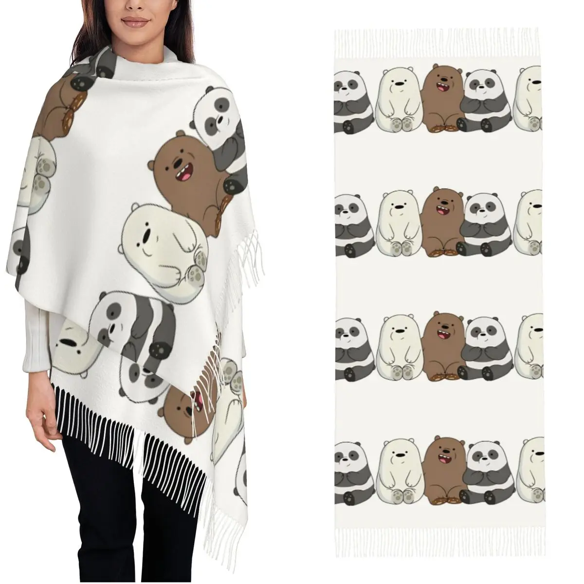 Womens Tassel Scarf We Bare Bears Cartoon Long Winter Fall Shawl and Wrap Animal Ice Bear Panda   Gifts Cashmere Scarf