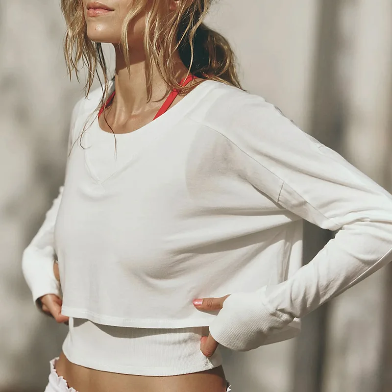 

Solid Color Crop Top T-shirt for Women Made of Pure Cotton Versatile Long Sleeved Autumn Sports Round Neck Thin Sweatshirt