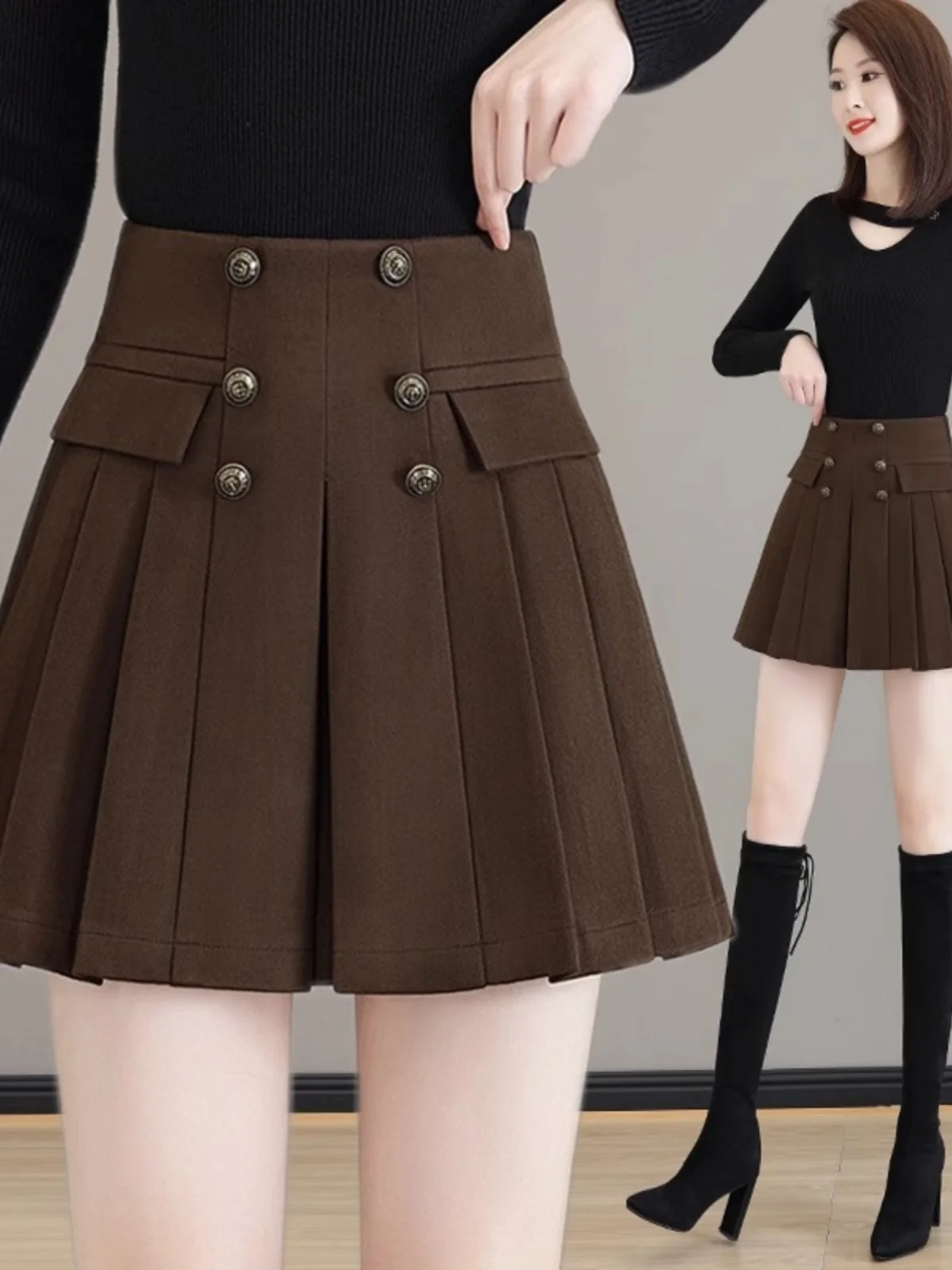 

Шерстяная клетчатая юбка с высокой талией для женщин, весенне-осенняя модная юбка трапециевидной формы, цвет кофе