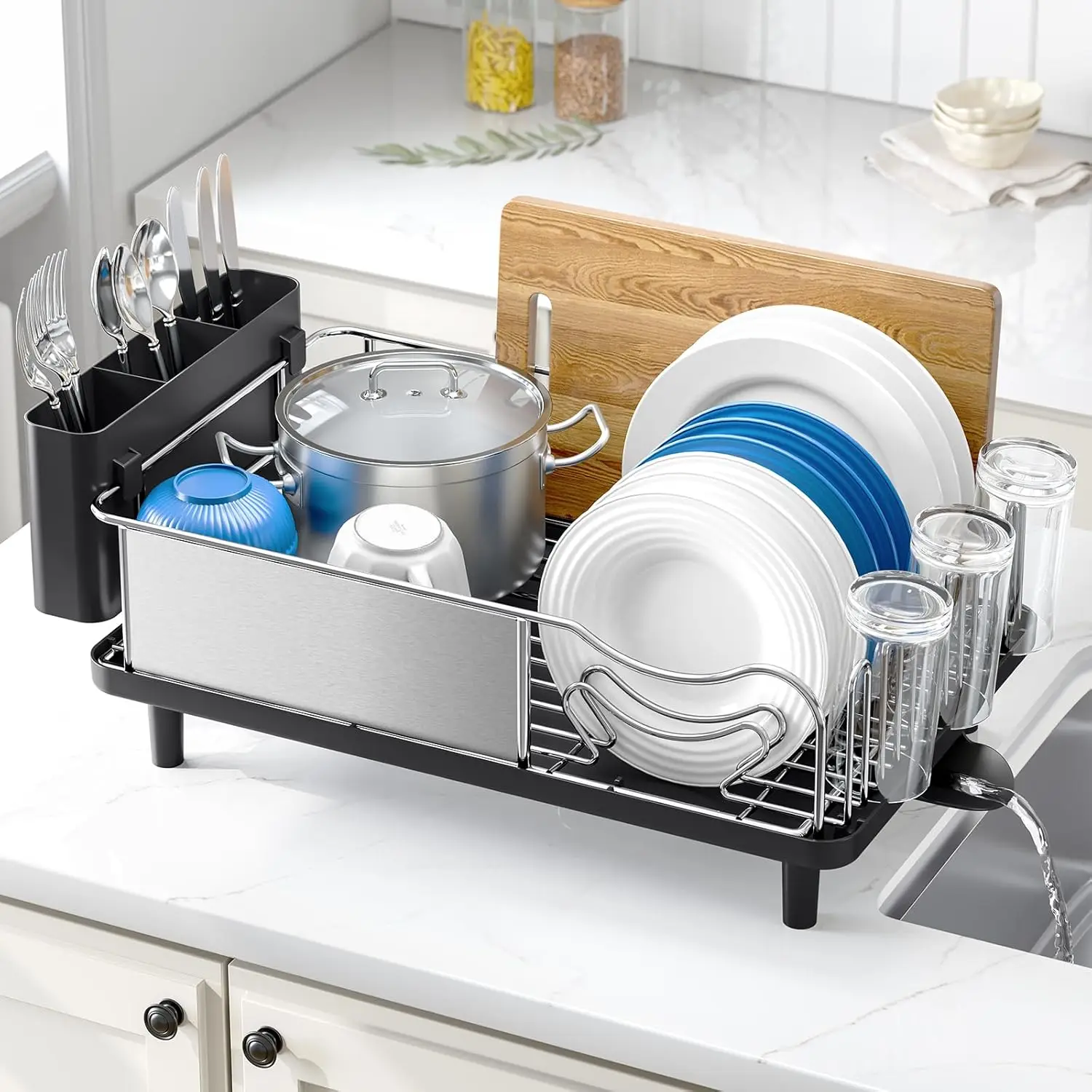 

Stainless Steel Dish Drying Rack - Large Capcity 304 Grade Dish Drainer for Kitchen Counter with Drain Board, Utensil Holder