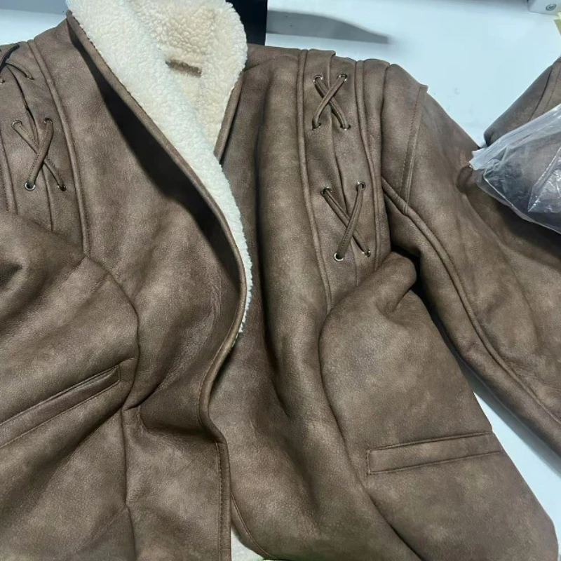 Women Sheepskin Neck Spliced Faux Leather Coat With Belt Fashion Loose Lapel Pocket Overcoat Lady Winter Warm Thicken Streetwear