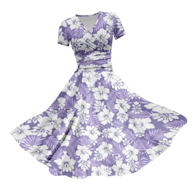 Spring Light Purple Floral Feild Pattern Elegant Full Print Casual Skirts Short Sleeve V Neck Party Club Dresses