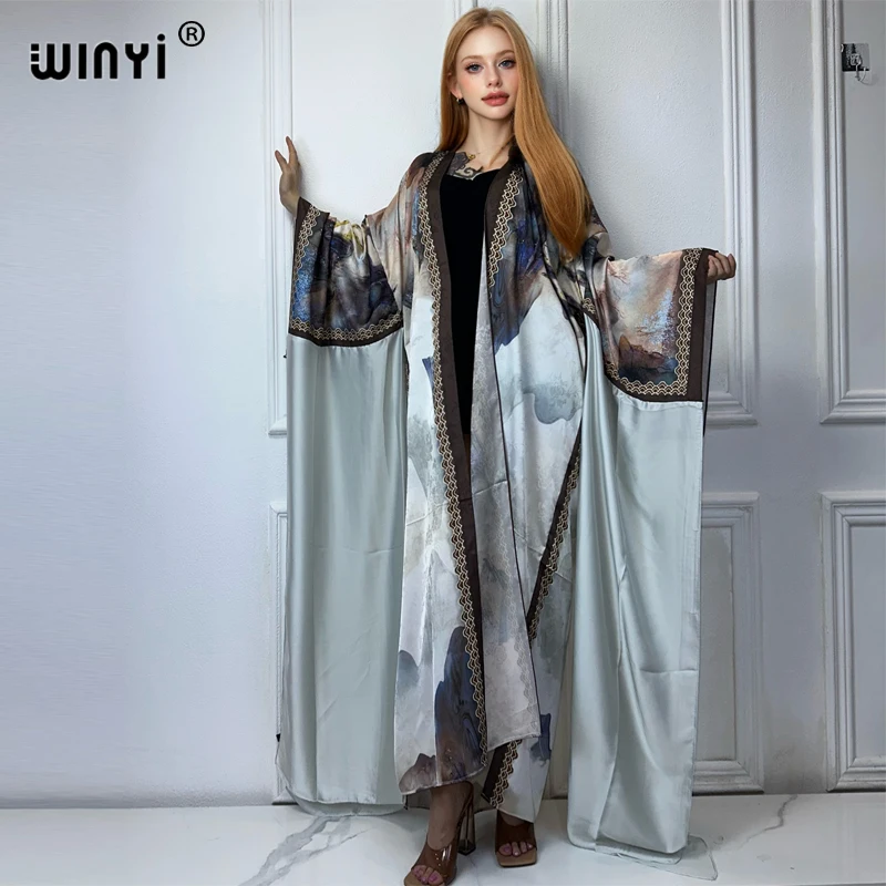 WINYI kualitas tinggi dua sisi dicetak gaun sutra pakaian pantai kardigan Boho elegan abaya dubai Kimono lengan panjang mewah