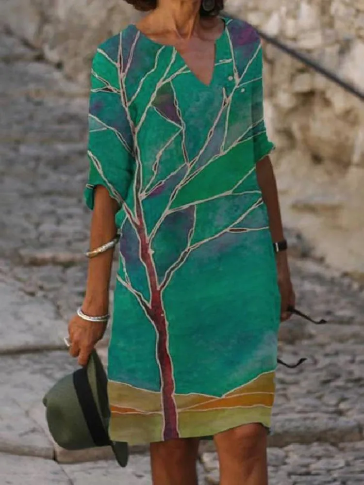 Sommer 2026 Damenkleid mit V-Ausschnitt, halblangem Ärmel, A-Linie, europäisch-amerikanischem Stil, Pullover, modisches Mid-Waist-Kleid mit Blättermuster – Detail 4