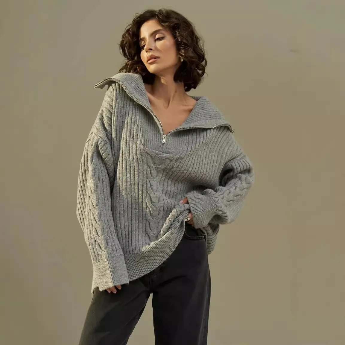 Maglioni lavorati a maglia da donna pullover impiombati con cerniera maglioni Casual a maniche lunghe larghi elegante capispalla spessa da donna autunno inverno