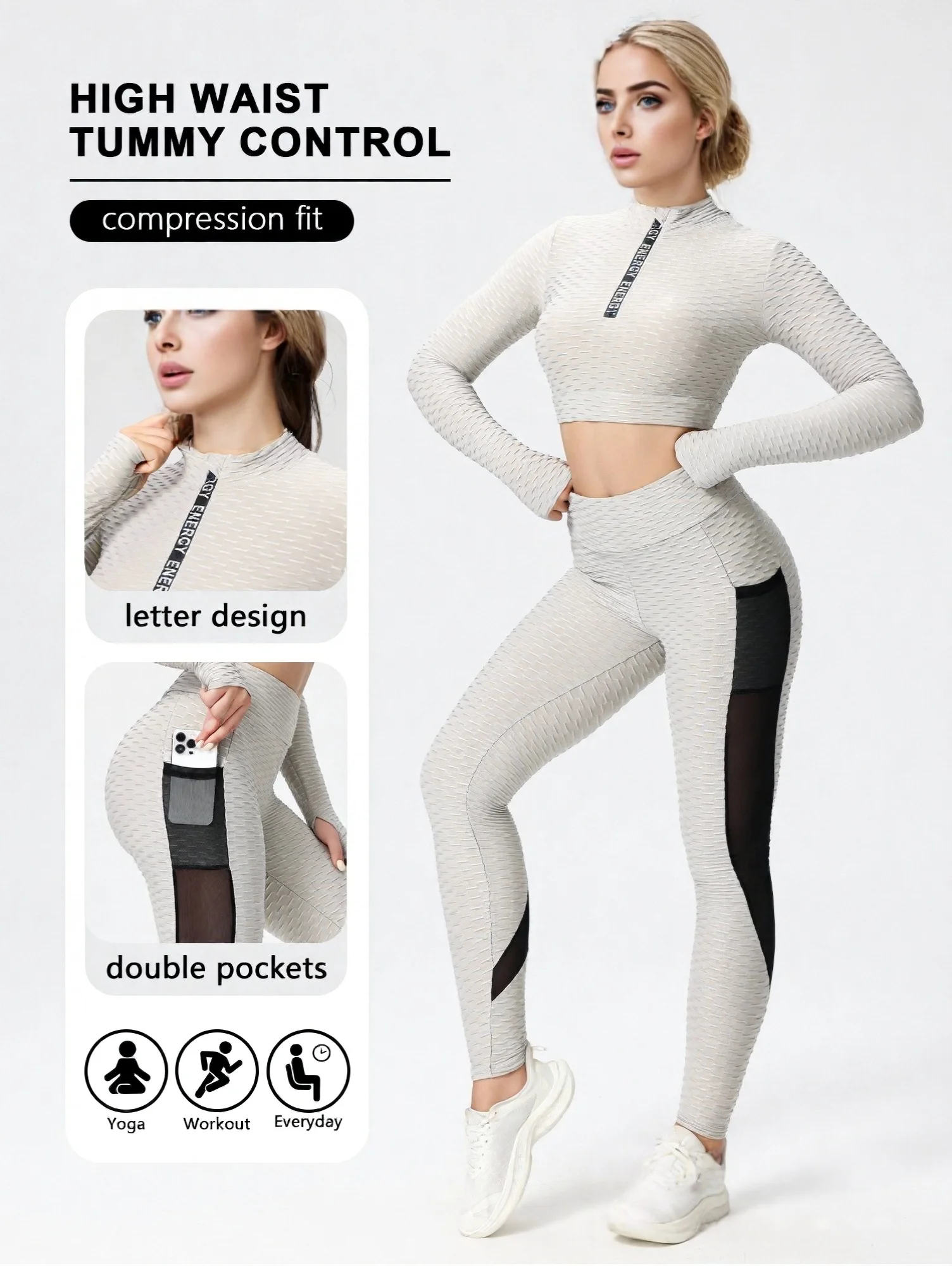 Ensemble pantalon de yoga deux pièces pour femme avec poches, maille et blocage de couleur, taille haute, levage des fesses, ajouré, respirant, adapté au yoga, à la course, au fitness, au danse et à l'entraînement