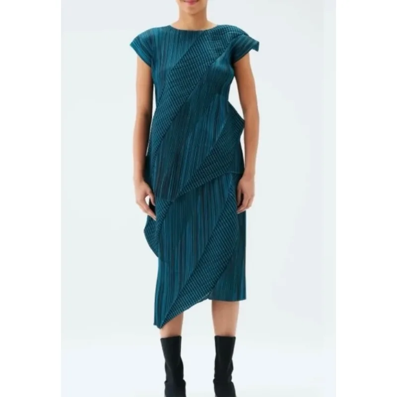 Camiseta feminina plissada 2025 miyake novos topos saia curta conjunto simples versátil temperamento moda commuter roupas de compras