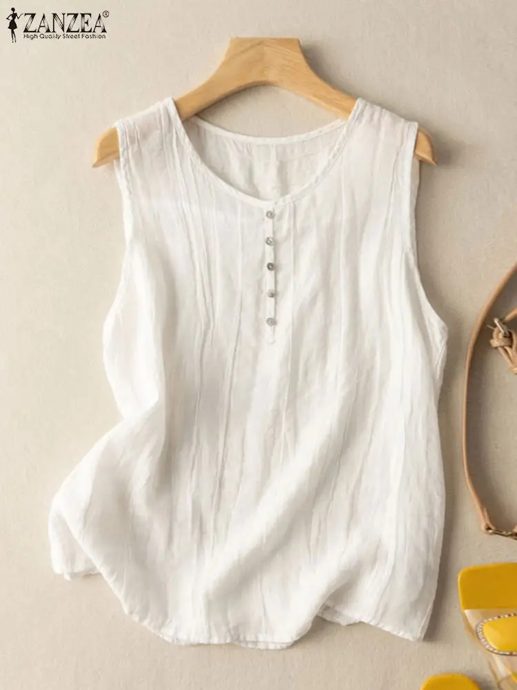 2024 ZANZEA Vintage Summer Women Tanks Tops Casual Loose Beach Blusas Solid Holiday Tunic Work Shirt O Neck Sleeveless Blouse