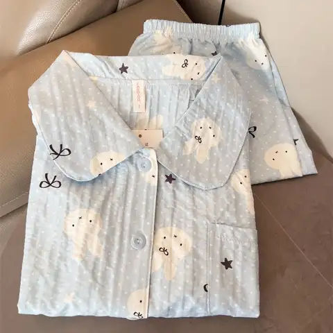 New Kawaii  Polka Dot Bunny Sleepwear Women's Summer Short Sleeved Pants Student Home Clothes Two-piece Set
