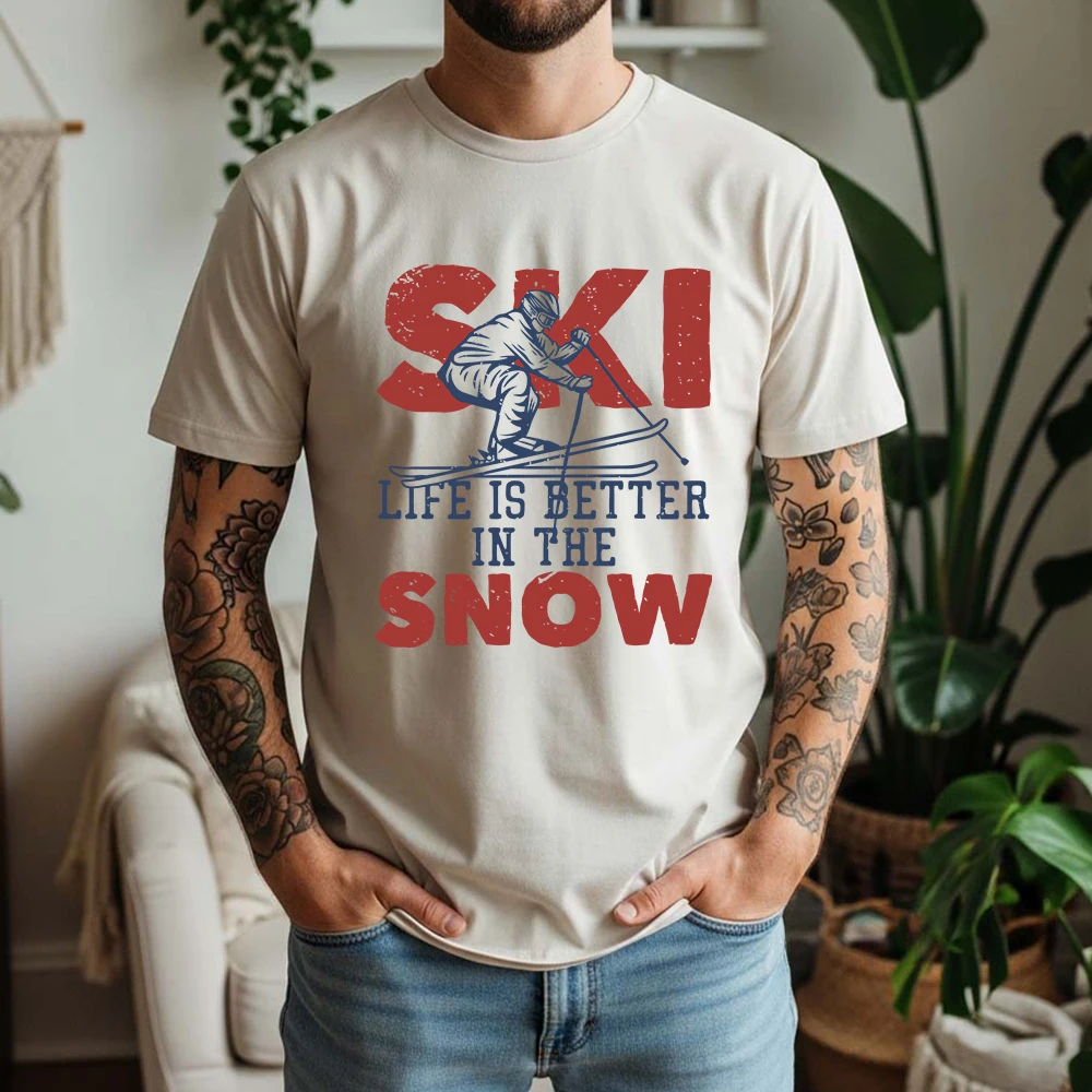 New Summer Men's 100% Pure Cotton T-Shirt Vintage Ski Life Is Better In The Snow Skiing Graphic Casual Breathable Short Sleeve