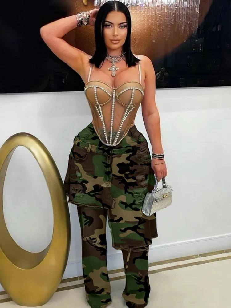 Women High Waist Camouflage Pants Hole Straight Pants Long Jeans Casual Trendy Trousers 2025 Autumn Winter New Denim Trousers