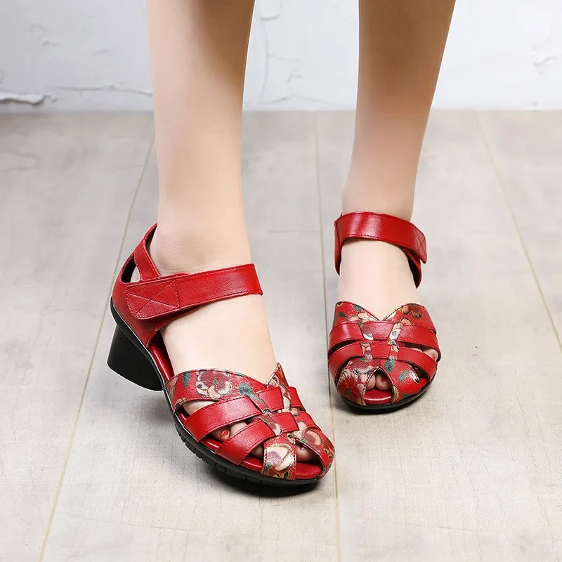 BEYARNE Genuine Leather Sandals Women Chunky Heel Sandals Soft Flowers Woven Fish Mouth Summer Shoes Casual Mother Sandals