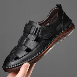 Summer Hollow Flat Head Roman Style Men's Sandals Designer New Fashion Slip-on Soft Leather Casual Outdoor Walk Men's Shoes