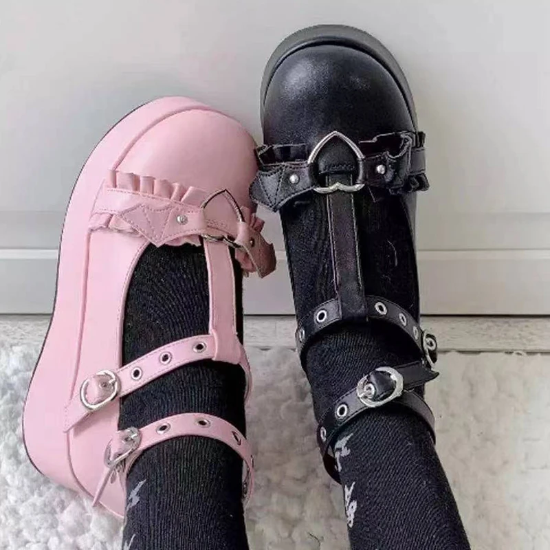 Zapatos de plataforma gruesa para mujer, cuñas con hebilla de corazón dulce, Mary Janes, Lolita, Punk, gótico, Cosplay, rosa, Correa en T, 43, nuevo