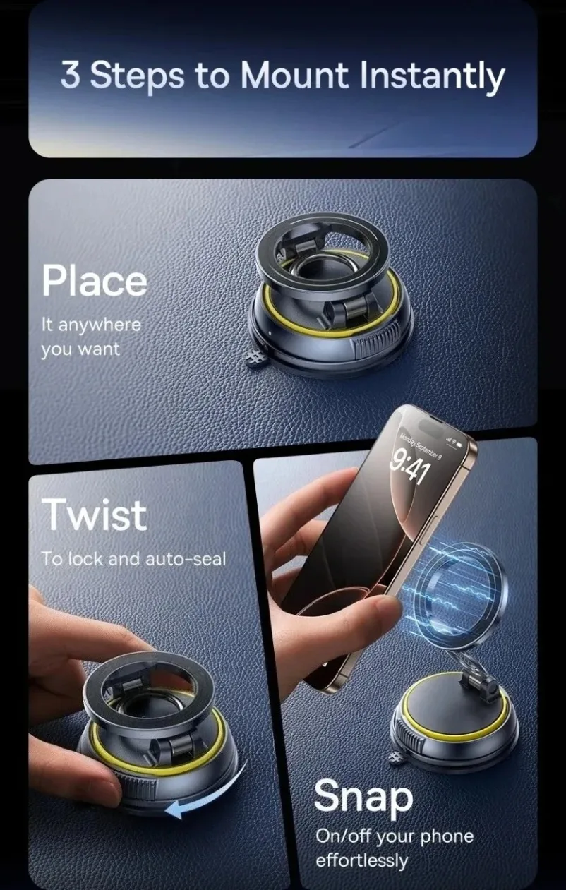 360 ° Rotation Magnetische Auto Telefon Halter Vakuum Saugnapf Stehen Мagnet Halterung Für iPhone 17 ~ 12 Gym/Fahren Vakuum telefon Halterung – Detail 6