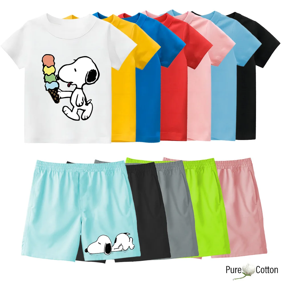 Children\'s Snoopy Fun Patterned Short Sleeve T-shirt set Summer Casual Sports beach shorts + T-shirt tops suit Boys cotton