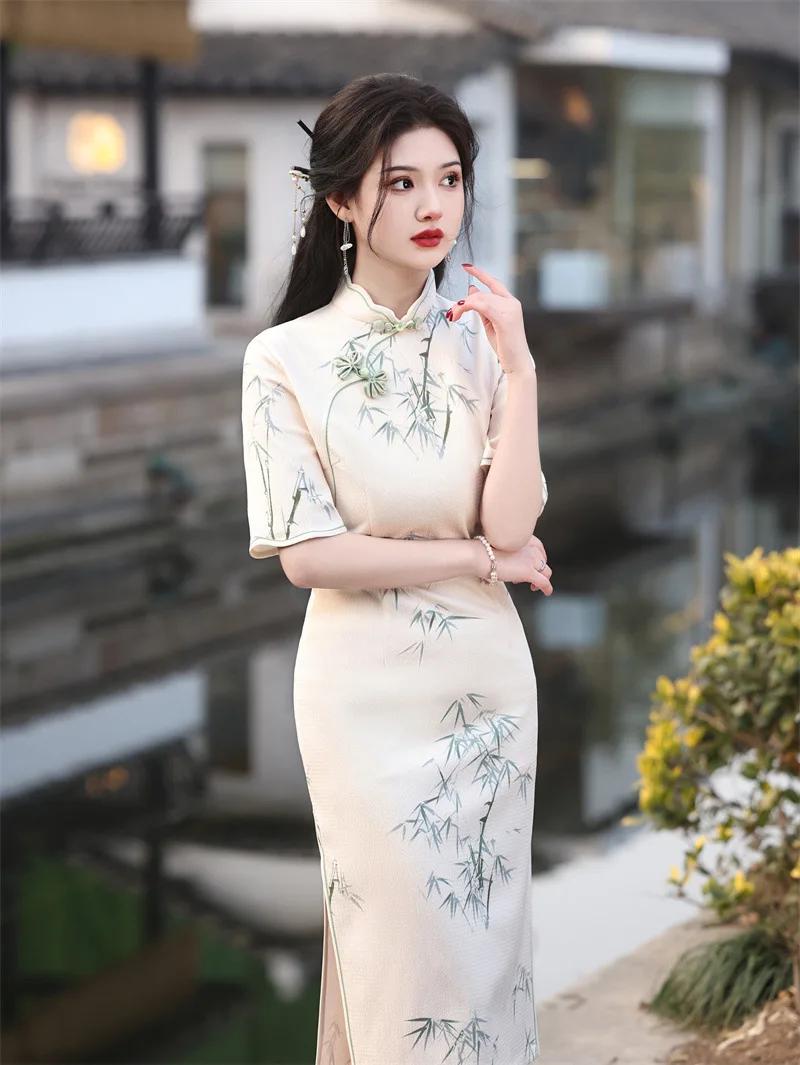 

Spring And Summer New Round Neckline Lace Mid Length Qipao Temperament Slim Fit Women's Cheongsam