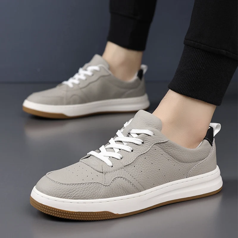 

Spring Autumn Cow Leather Sneakers for Men Solid Color Lace Board Shoes Male New Designer Fashion Casual Zapatos De Hombre