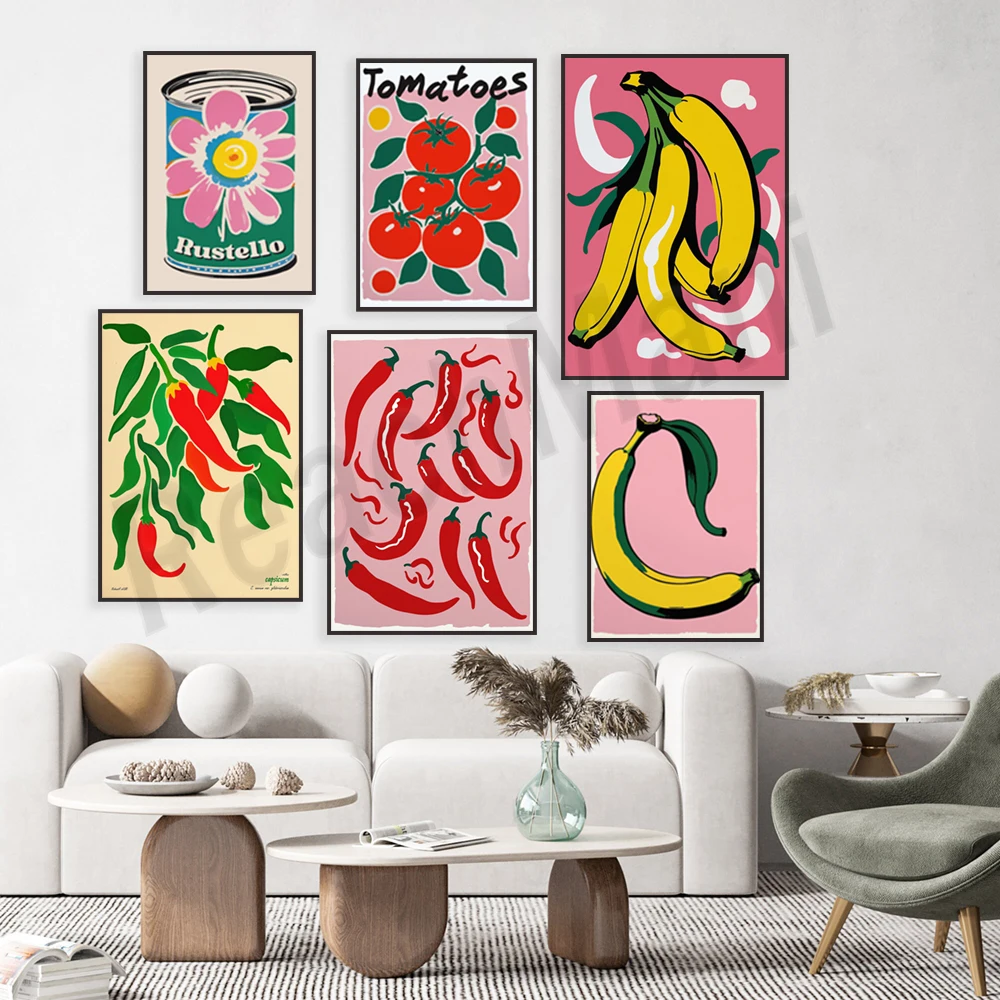 Retro chili poster, soup canned tomato, red pepper, banana art, vibrant kitchen wall decoration, bold food illustration,