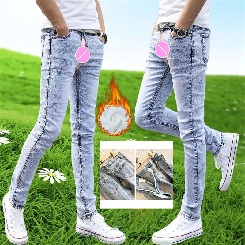 Open Crotch Outdoor Sex Thicken Men's Regular Fit Jeans Stretch Fit Straight Leg Fashion Fleecing Velvet Vintage Denim Trousers