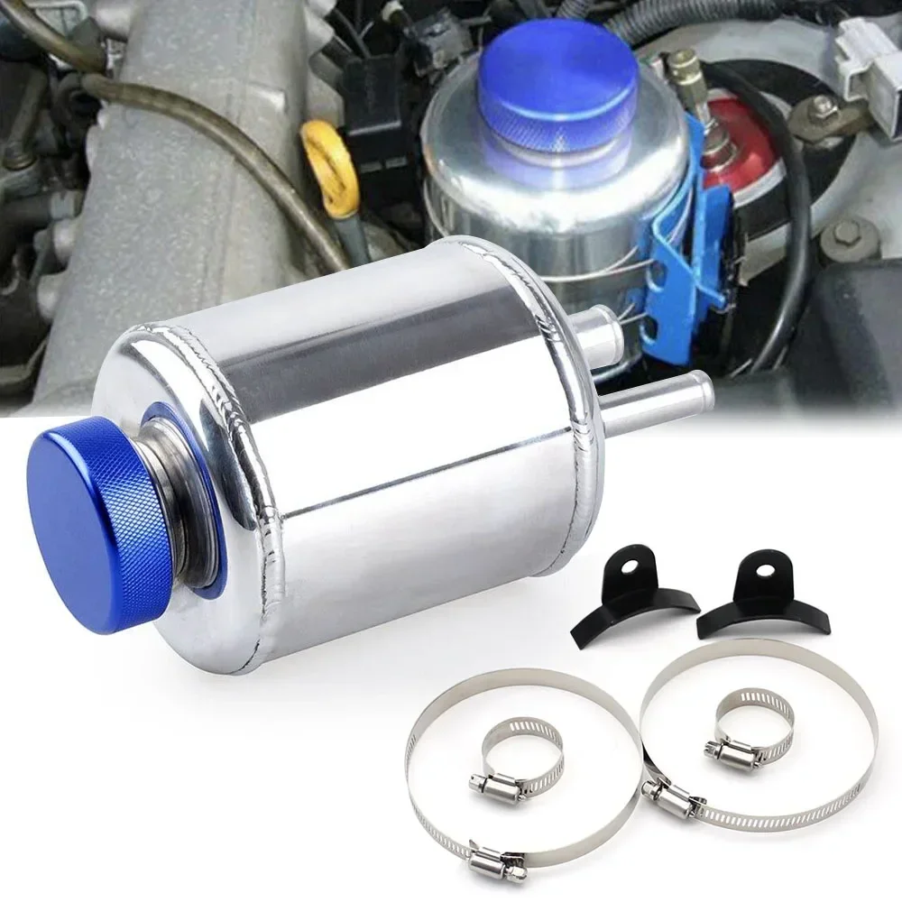 Célula de combustible para coche, tanque de sobretensiones, tanque de dirección asistida, captura de aceite, abrazaderas de tanque de depósito de fluido de dirección asistida de carreras, color negro y plateado, 1 ud.