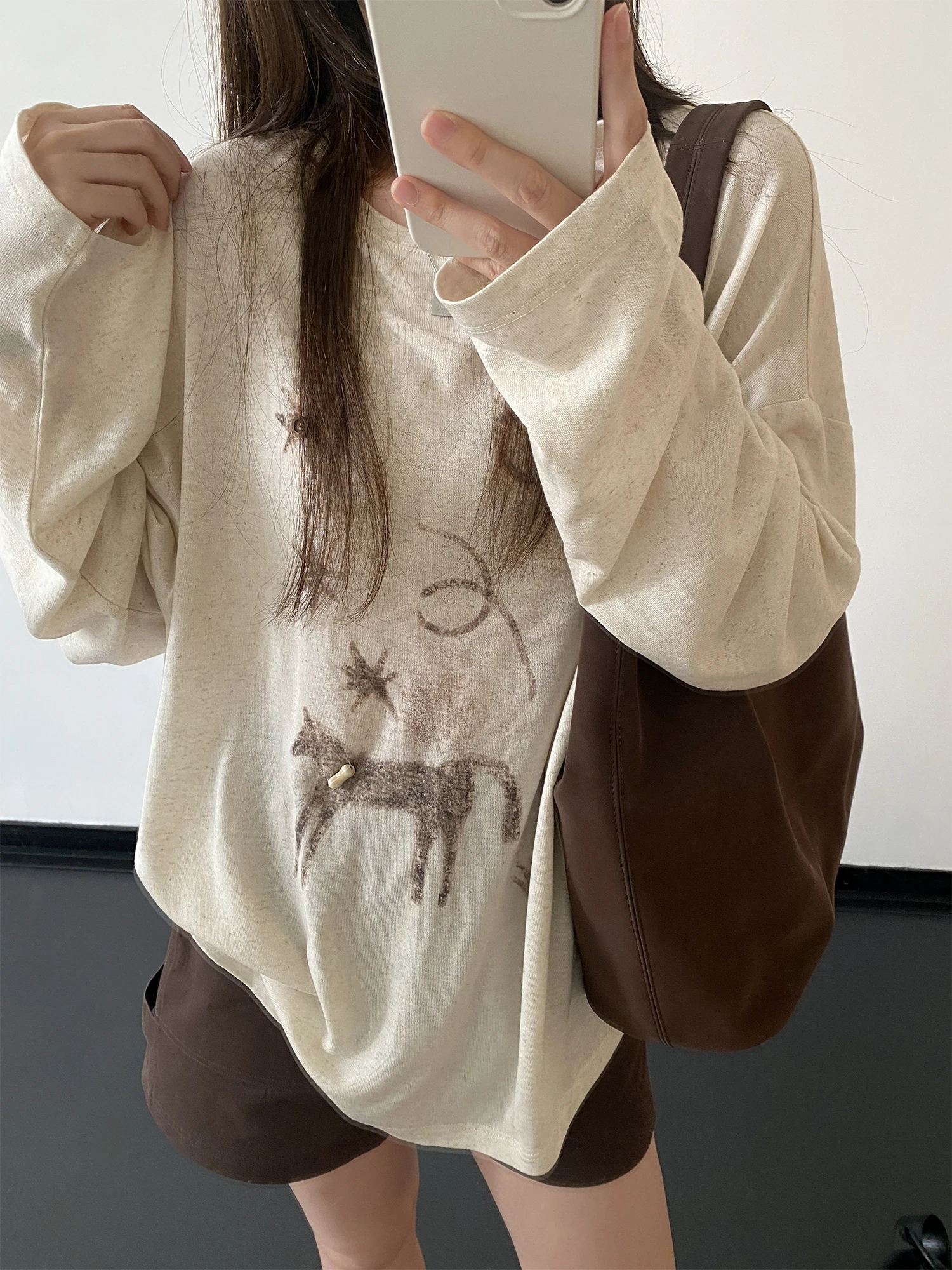 Sun You Star Wooden  T Loose Fit Lyocell Linen Mixed Color Nomadic Style Retro Long Sleeve Cover up T Shirt Women