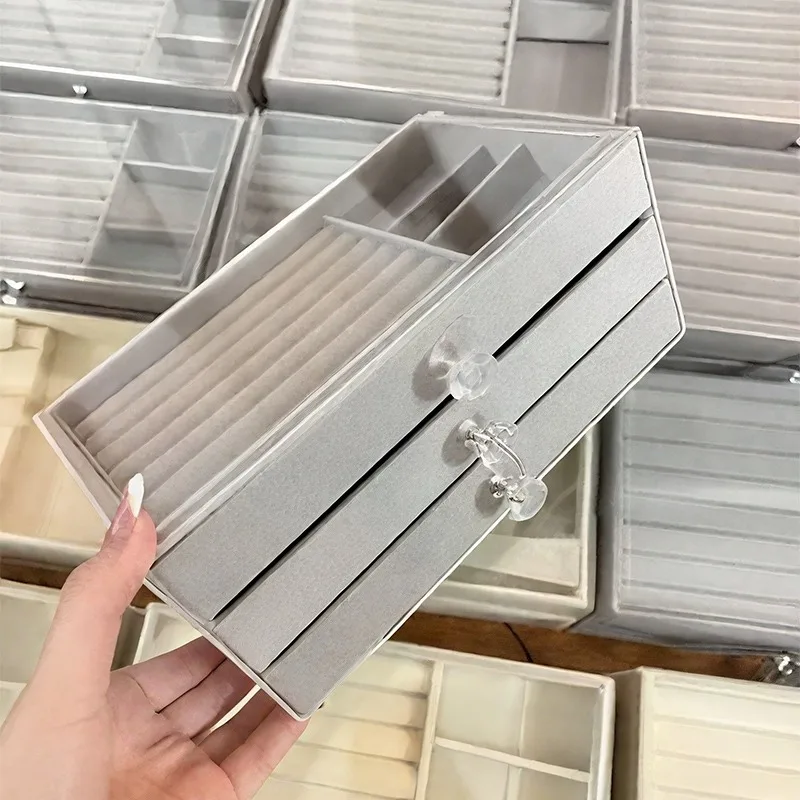 

2025 акриловый бархатный органайзер для ювелирных изделий с 3 ящиками, штабелируемый дисплей для хранения серег, ожерелья, браслетов, коробка для женщин