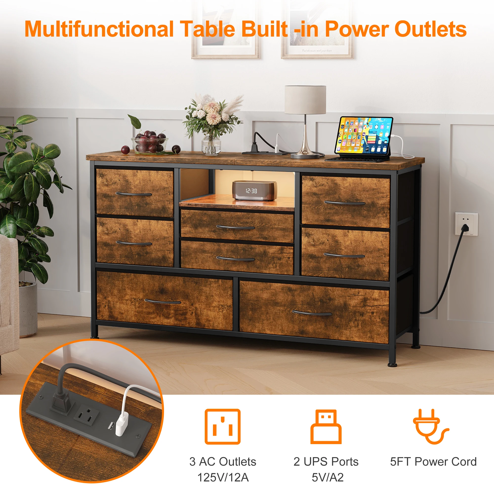 

8 Dresser TV Stand with Power Outlet & LED for 55'' TV, Long Dresser for Bedroom with 8 Deep Drawers, Wide Console Table
