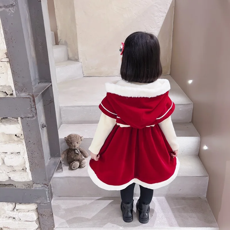 2023 Girls Autumn and Winter with velvet and thick Little Red Riding Hood cute Christmas set with bow red shawl dress