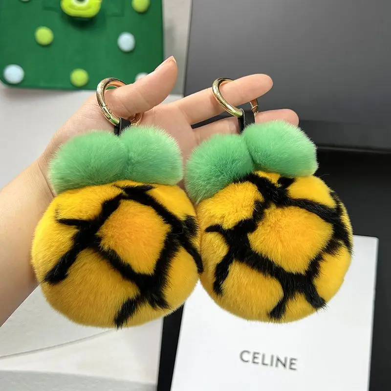 Real Otter Rabbit Fur Pineapple Keychain Pendant, Cute Plush Small Pineapple Bag Pendant, Perfect Birthday Gift