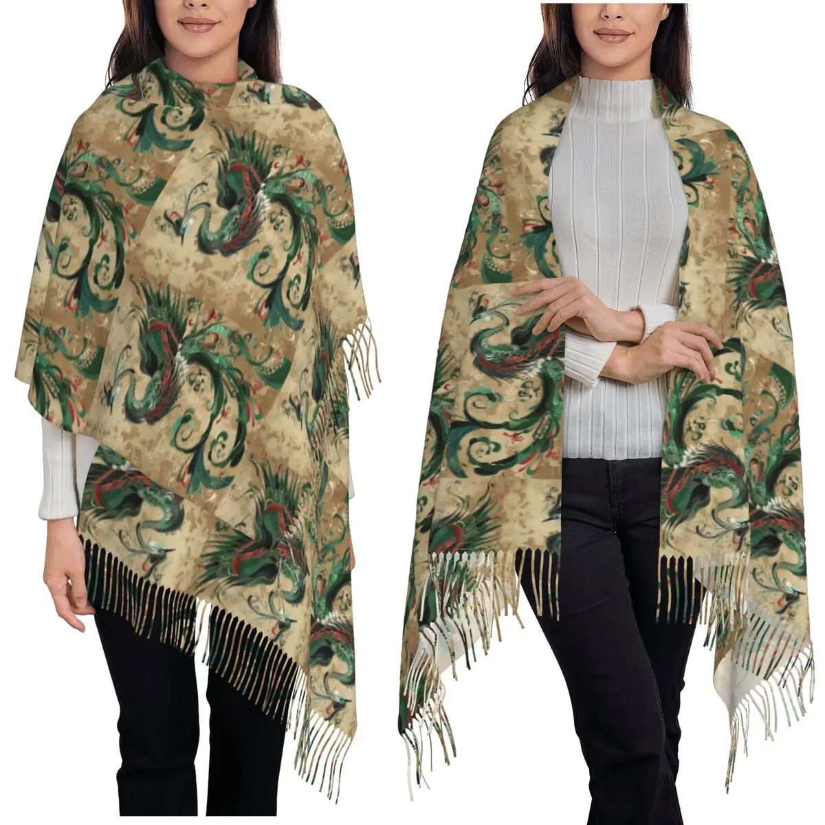 

Chinese Phoenix Scarf Tassel Scarves Women Soft Warm Shawls and Wraps Long Fall Winter Shawl Wrap