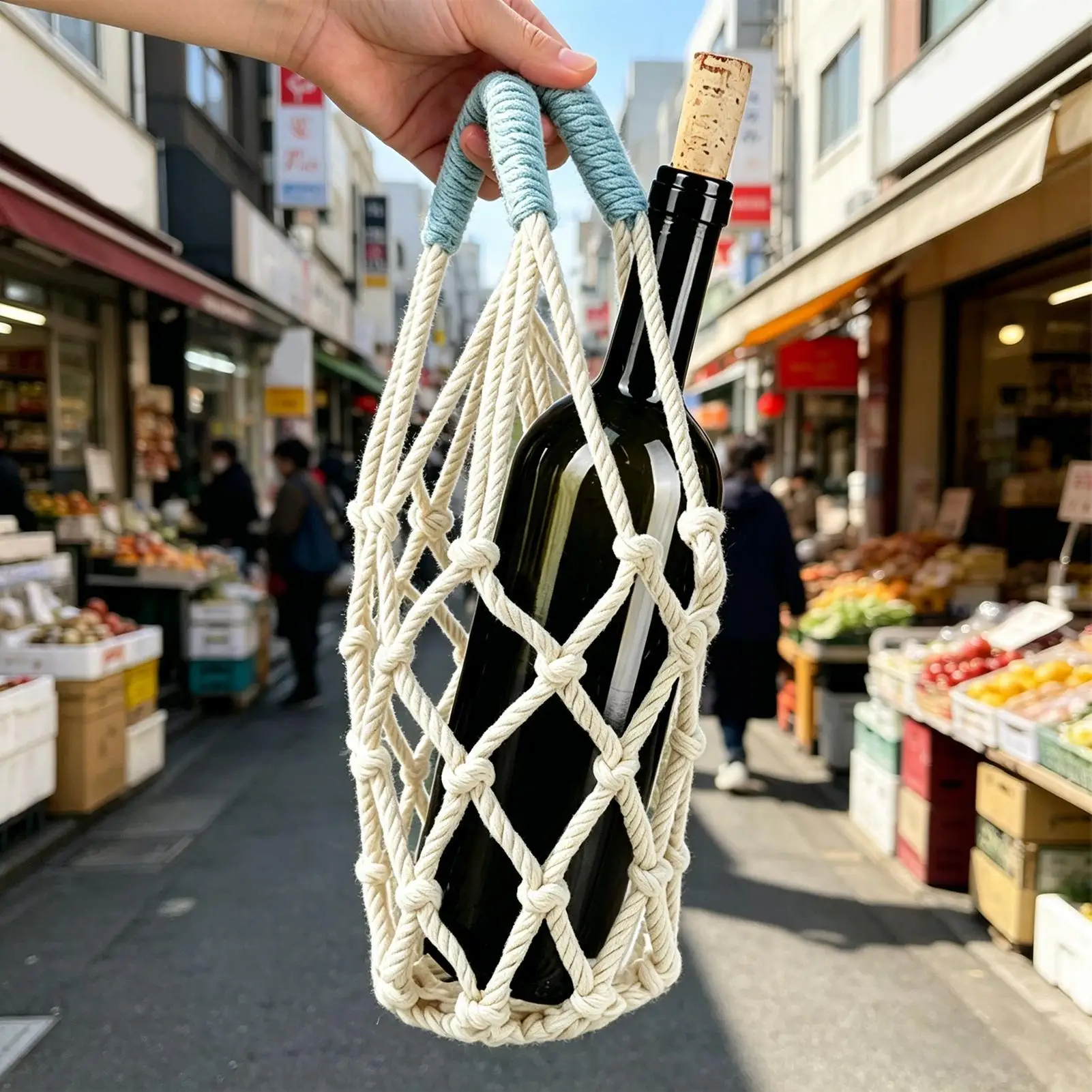 Water Bottle Pouch Mesh Handwoven with Handle Reusable Water Bottle Carrier Bag for Shopping Work Travel Daily Commuting Outdoor