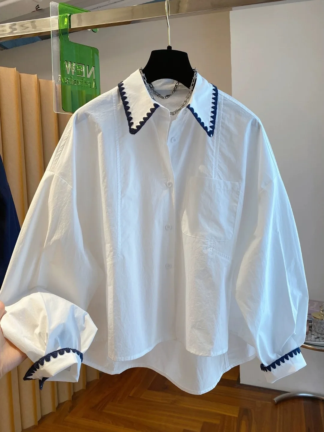 Coreano Sle Lungo Sve Ricamato Colore Colletto Blo irt Donna Inizio Autunno Allentato Dimagrante Top Cotone Poliestere Materiale