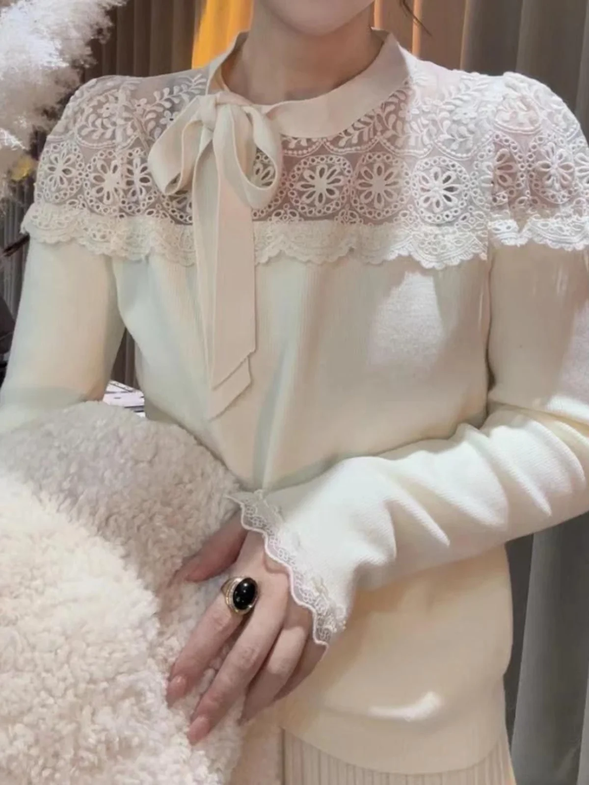 Slim Fit Long Sve Lace T-irt Women's Base Layer Top Design Sense Patchwork Autumn New Sle Small ence irt