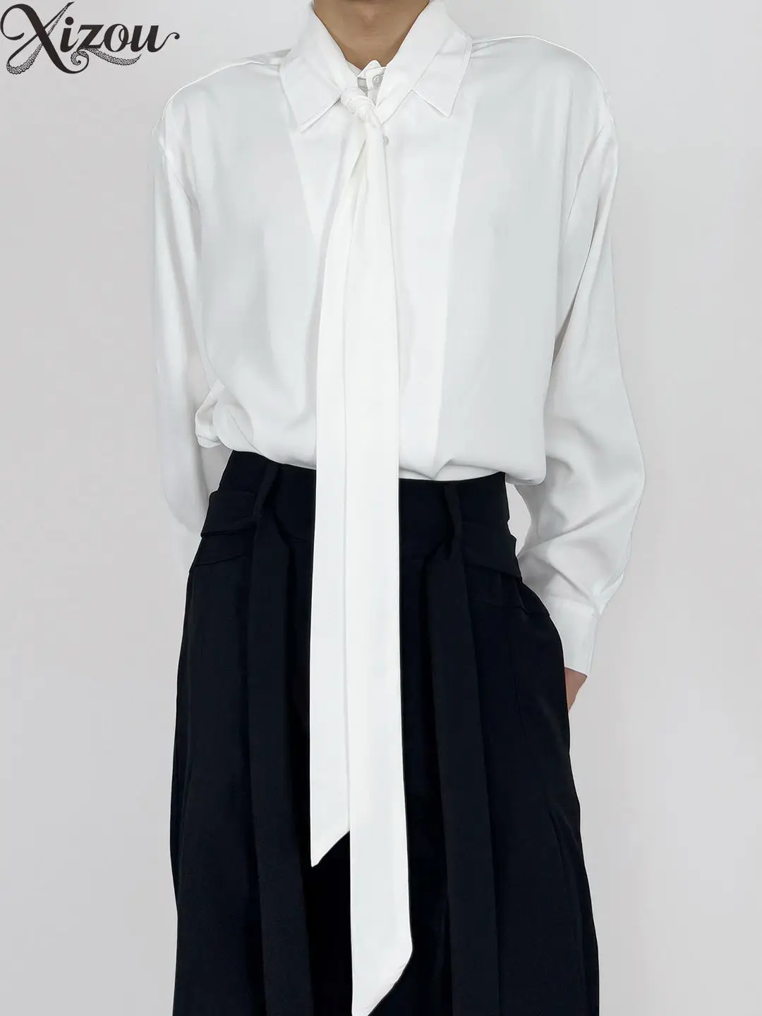 Collar Long Sleeve Shirt Ribbon Tie Loose Draped Satin High End Dark Gothic High Street Y2K Spring Summer Business Casual 2026