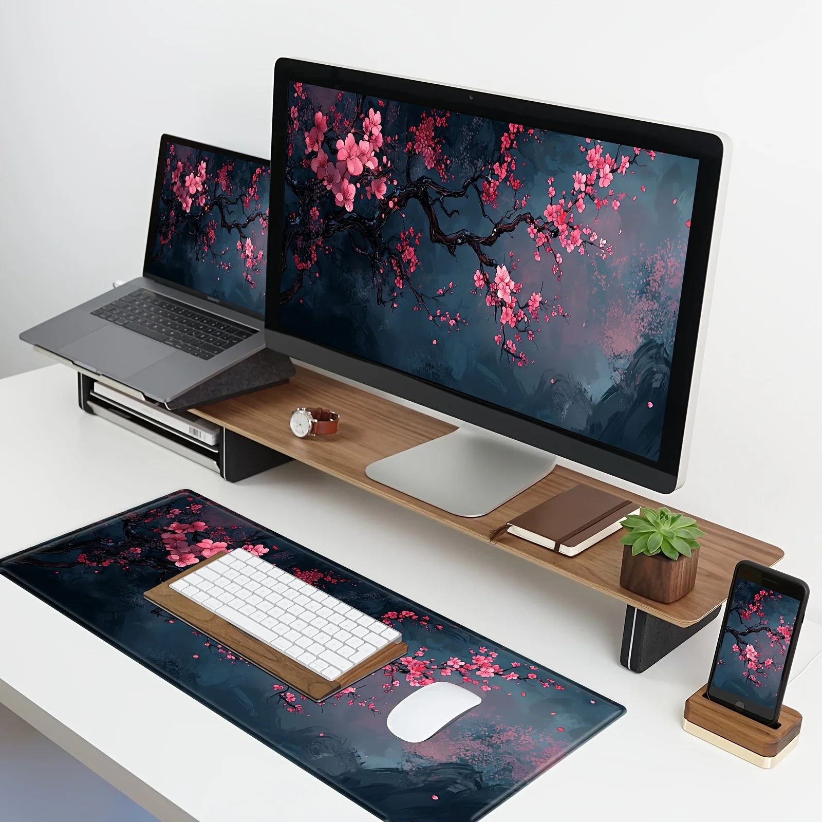 Tapis de souris de jeu Night Cherry Blossom, tapis de bureau d'extension en caoutchouc lavable, grande base antidérapante de verrouillage de 2mm, wor de style japonais
