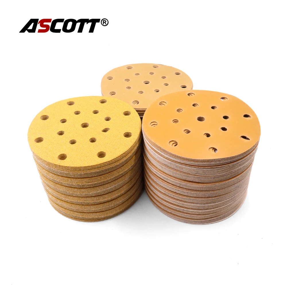 10pcs 6inch 17 holes Yellow Sand Paper 150mm Flocking Sand paper tray Polishing Pad Self-adhesive Loop Backing Polishing Disc