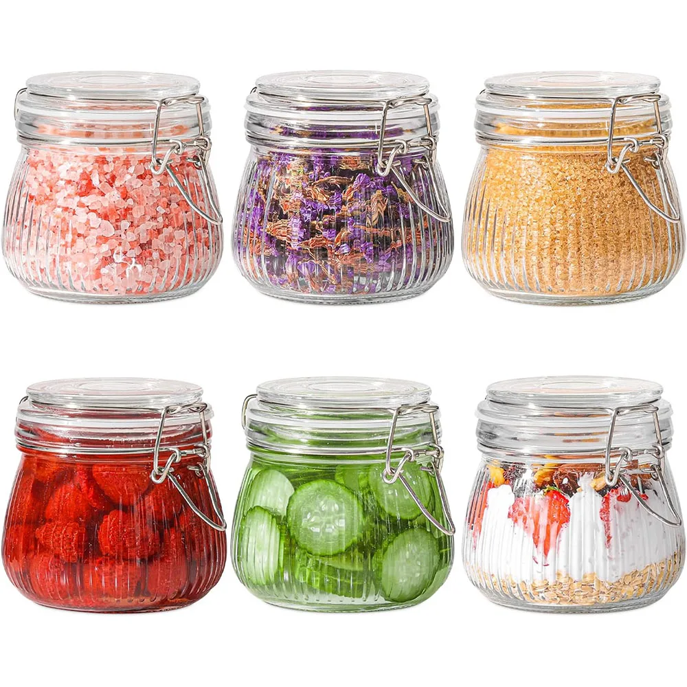 Glass jar 17oz, Glass Storage Containers with Lids, Glass Canister, Small Striped Clip Fastening Jar for Kitchen, Oats, Pickle