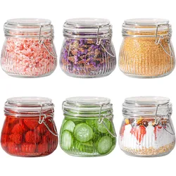 Glass jar 17oz, Glass Storage Containers with Lids, Glass Canister, Small Striped Clip Fastening Jar for Kitchen, Oats, Pickle