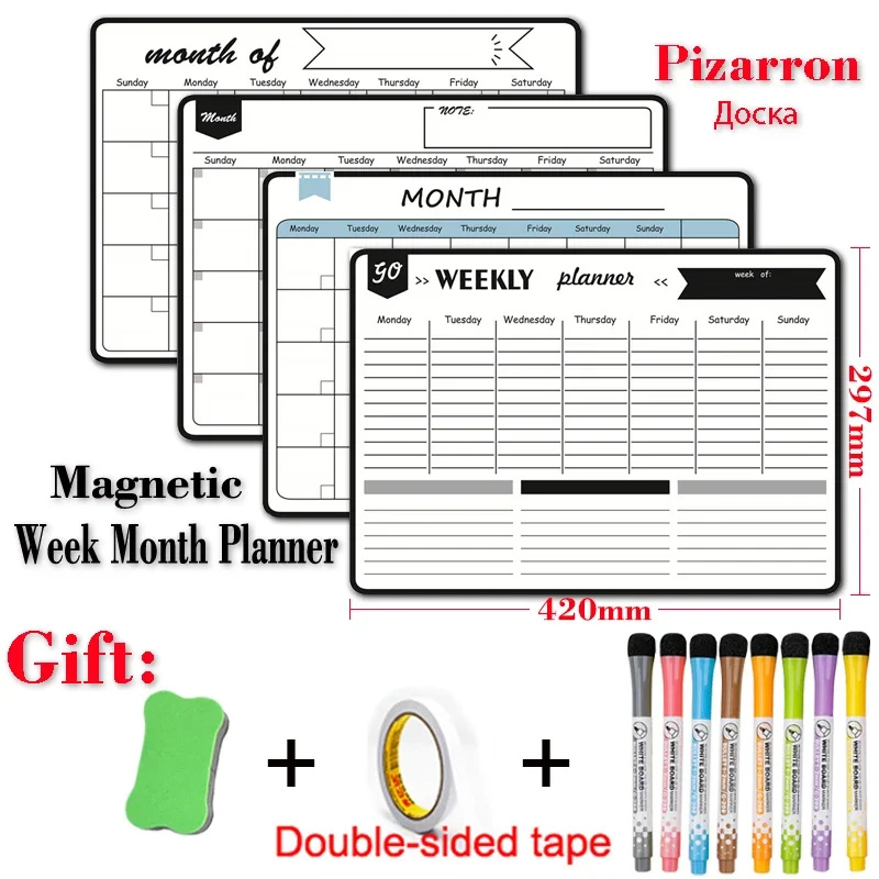 A3 Size Magnetic Dry Erase WhiteBoard Fridge Sticker Monthly Plan Weekly Planner Writing Board Calendar for Home School Office