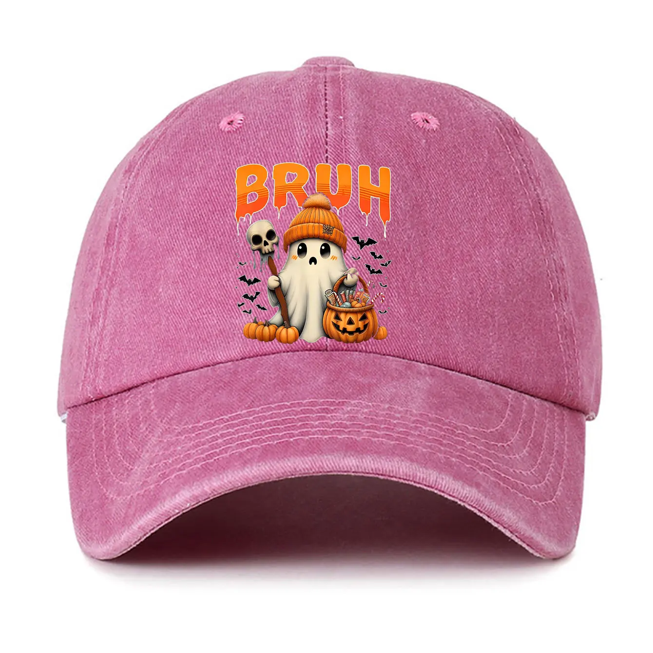 Brun Kawaii Ghost Тыква Фонарь Бейсболка с принтом Винтаж Хэллоуин Женщина Мужчина Регулируемая мытая шляпа Классическая кепка дальнобойщика