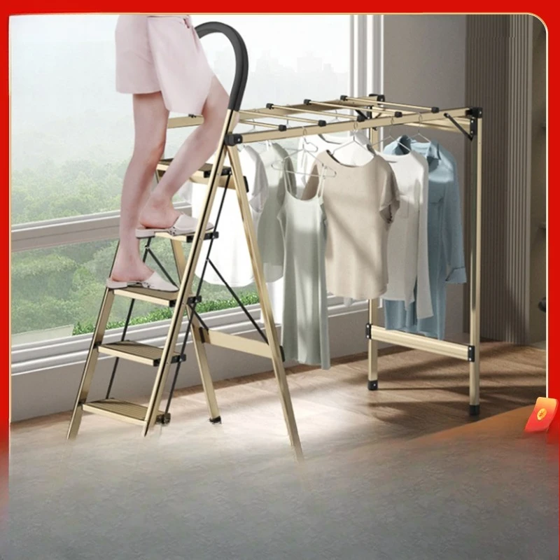 

Clothes drying rack household multi-functional aluminum alloy folding four-step five-step herringbone ladder indoor