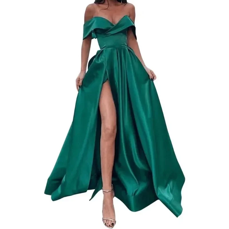 Floor Length Evening Gowns Quinceanera Dress Off The Shoulder Emerald Green Satin Long Prom Dresses with Leg Slit V-neck