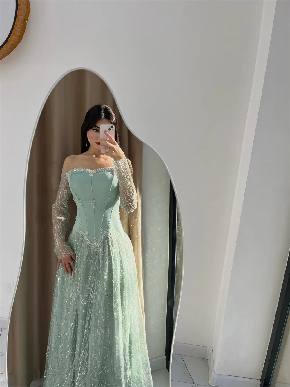 Cathy Aangepaste Groene Uit De Schouder Kant Prom Dress Lange Mouwen A-lijn vestidos de noiva Vloerlengte Formele Avond 2025