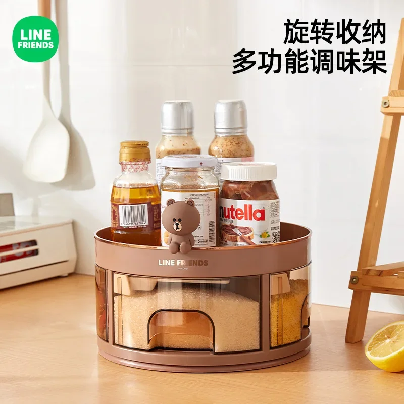 Linie Freunde braune Küche Gewürz box neue Home Office Anime Kawaii Doppels chicht rotierende Snack Kosmetik Lager regal Geschenk