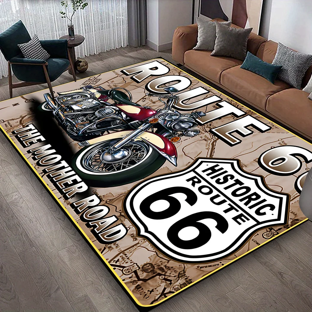 Vintage Route 66 Motorcycle Rug – Washable Non-Slip Floor Mat for Living Room & Office | Biker Gift Idea